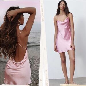 Zara (NEW W/ TINY FLAW) Pink Satin Open Back Mini Dress
